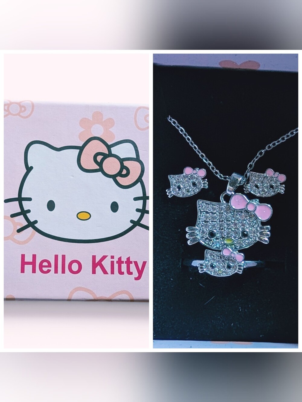 Hello Kitty Silver Tone Crystal Necklace Earrings And Ring Set with Pink Accents